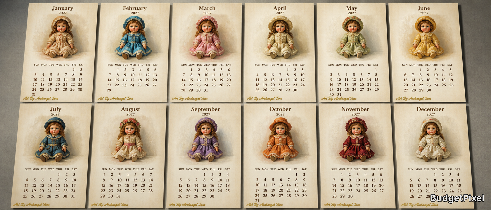 Twelve-month vintage doll calendar wall with retro doll illustrations for each month.