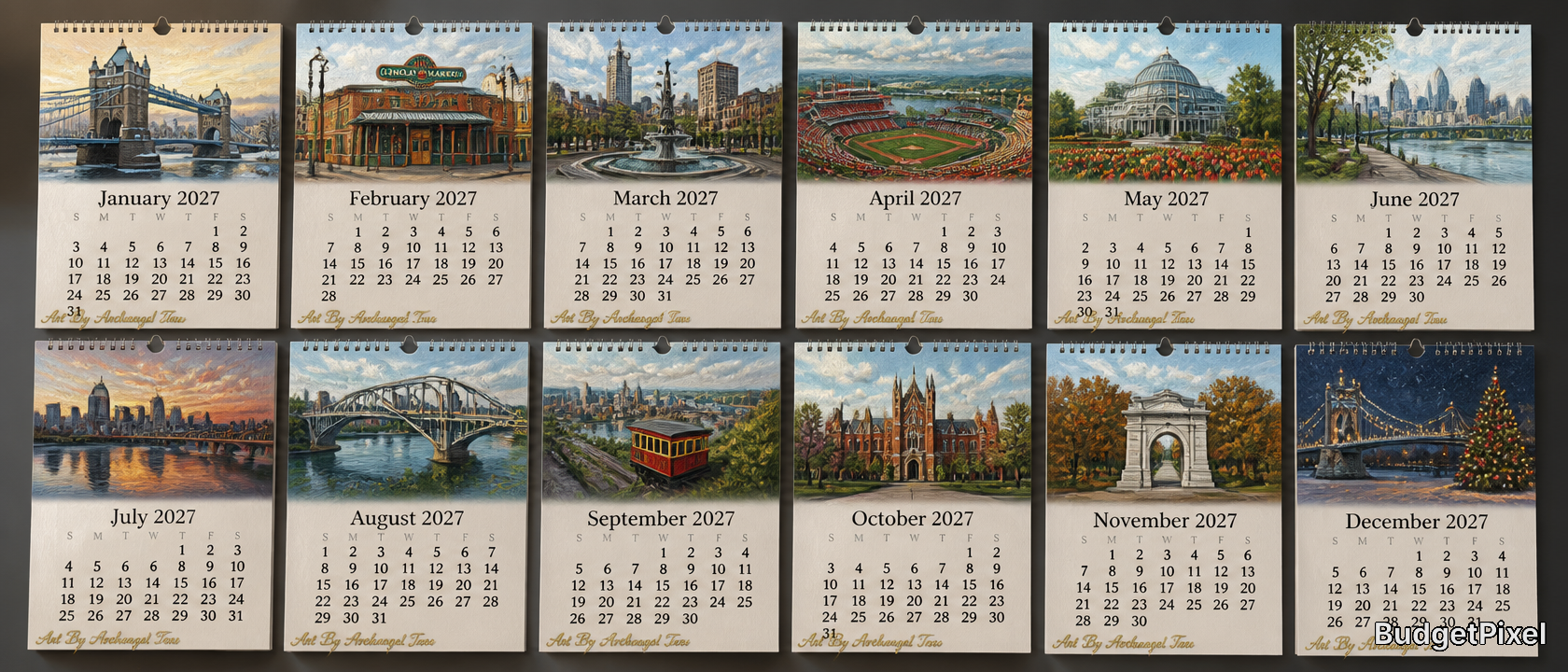 Twelve-month wall calendar displaying iconic cityscapes and landmarks for 2027.