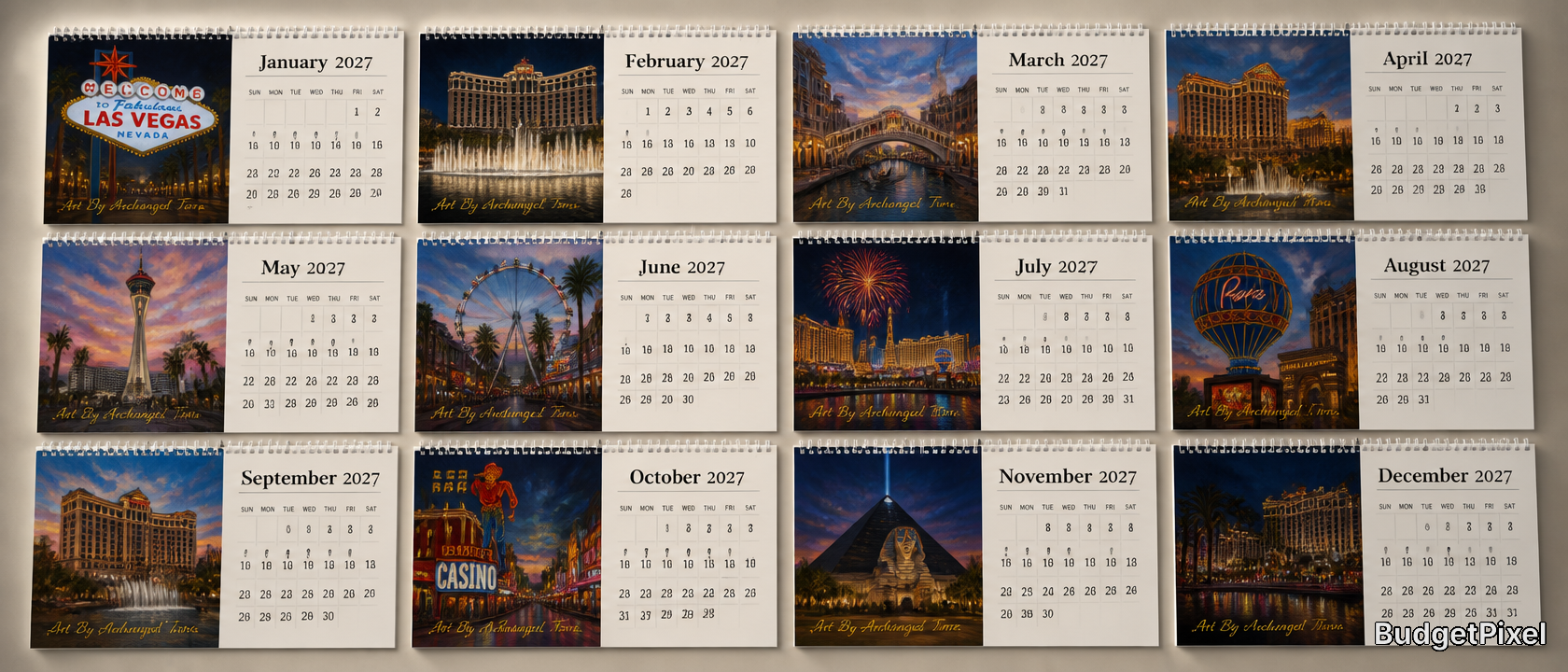 Wall calendar with 2027 monthly pages showcasing Las Vegas landmarks and neon cityscapes.