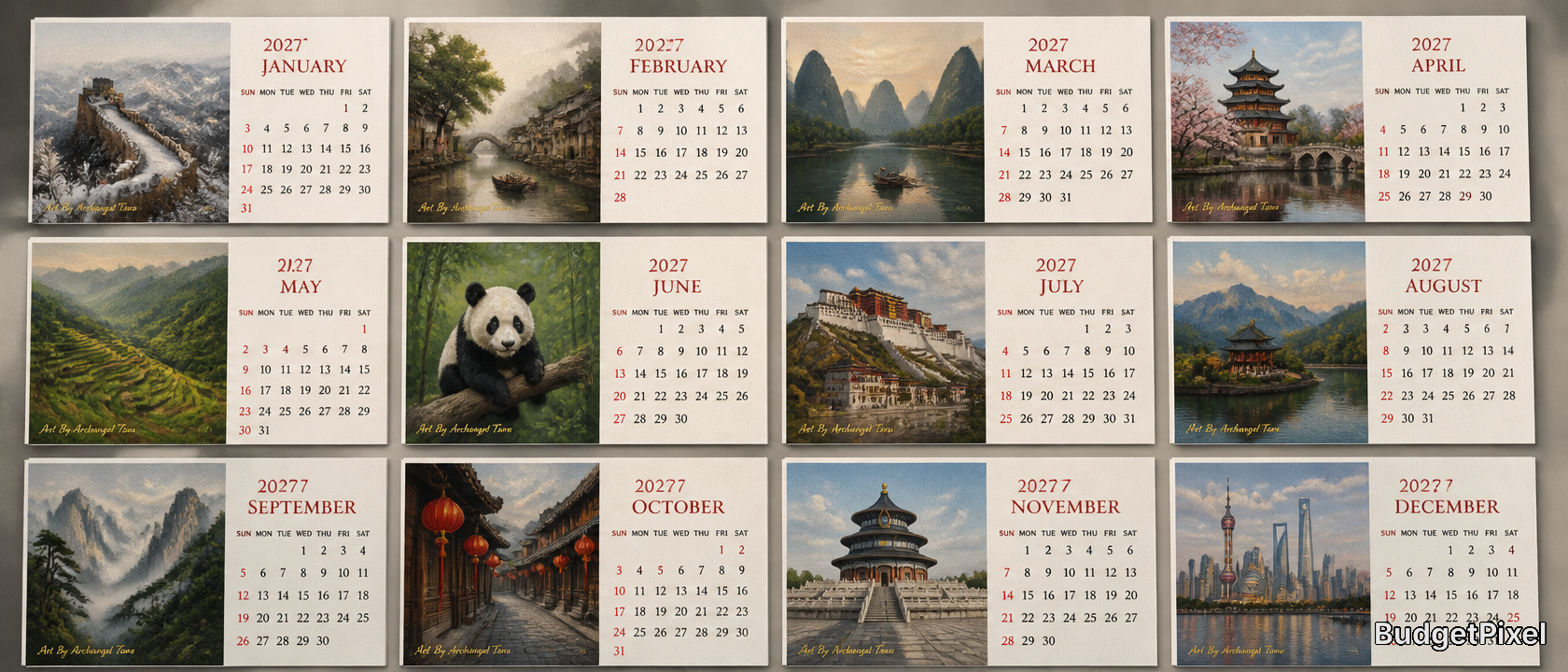 2027 calendar collage featuring landscapes, temples, pandas, and scenic water views.
