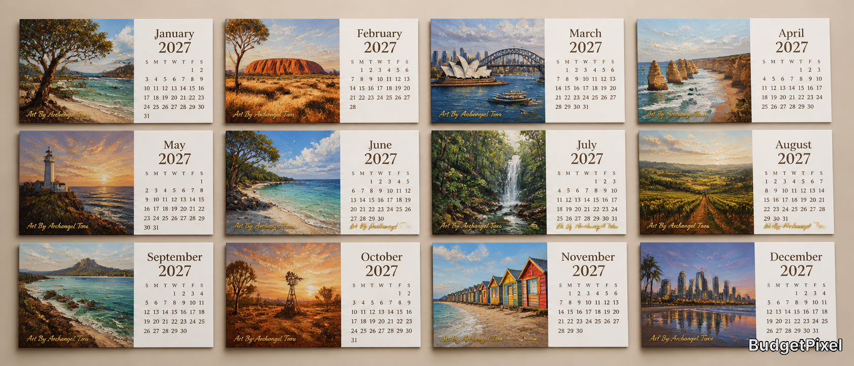 Wall calendar 2027 featuring twelve scenic landscape photos for each month.