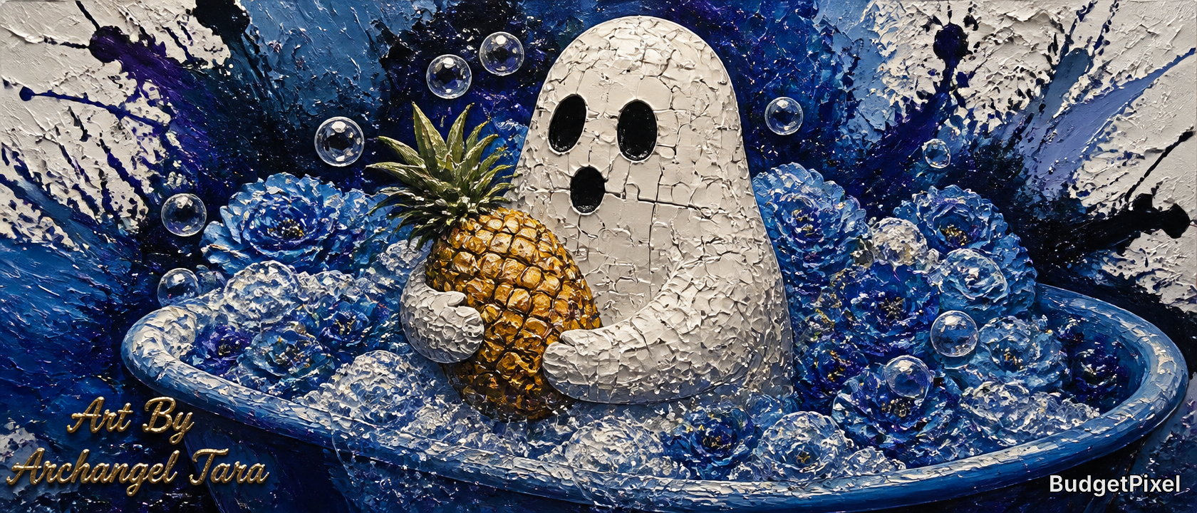 Ghost in a blue tub holding a pineapple among blue roses and bubbles