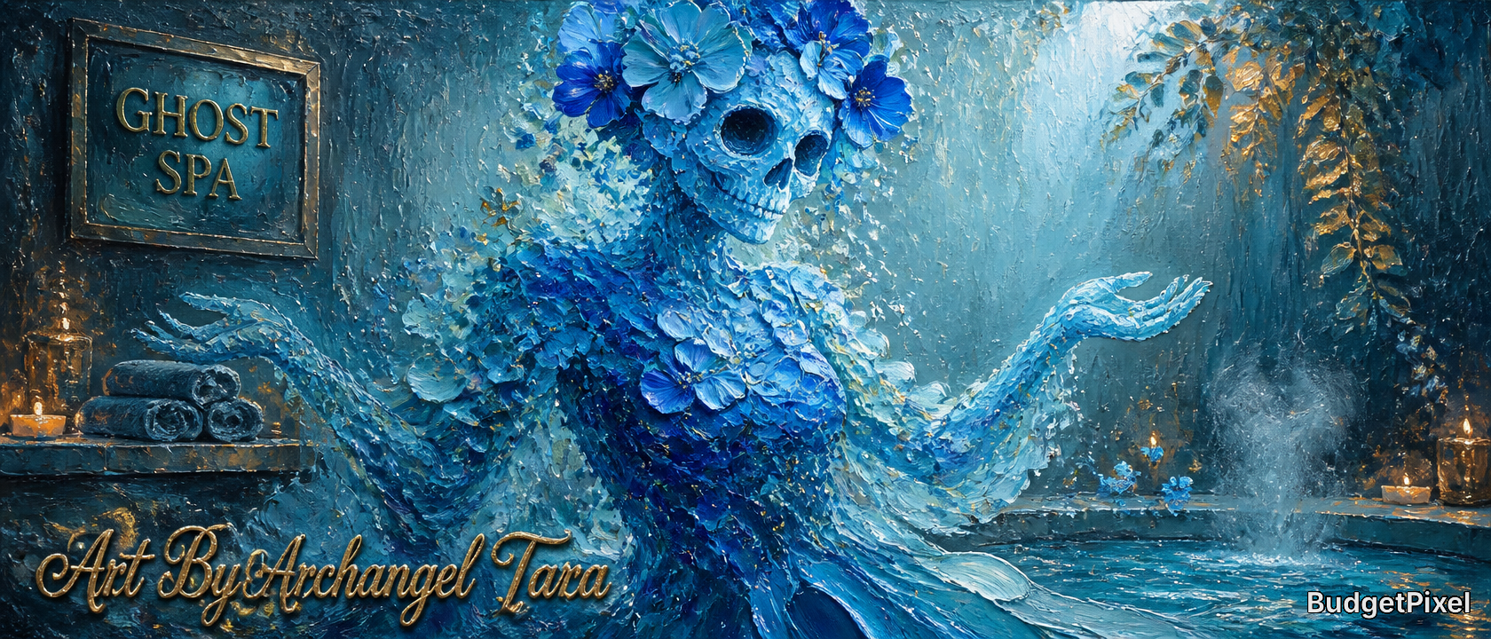Blue floral skeleton sculpture in a spa setting with candles and a Ghost Spa sign.