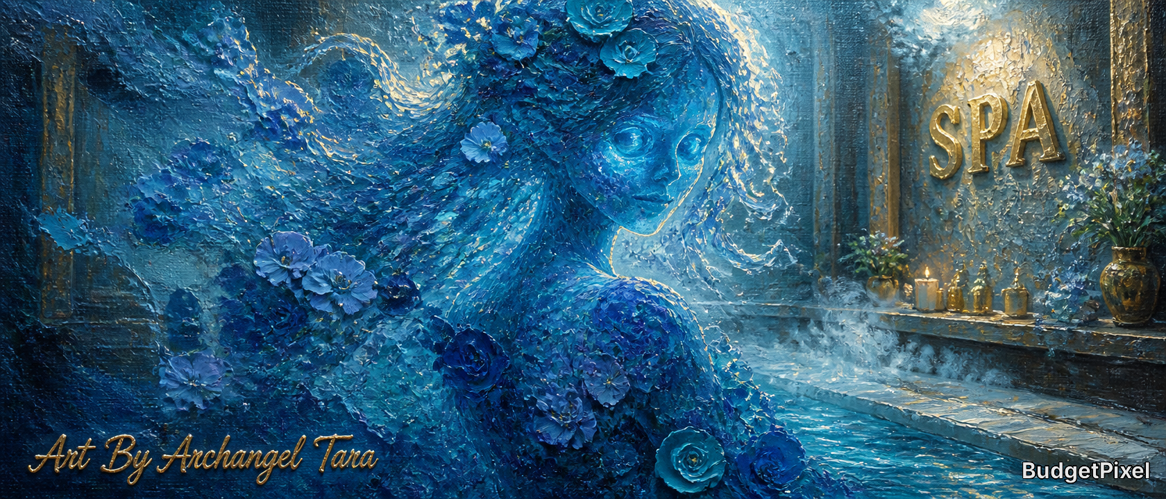 Blue floral mermaid-like figure in a spa setting with petals, steam, and the word SPA.