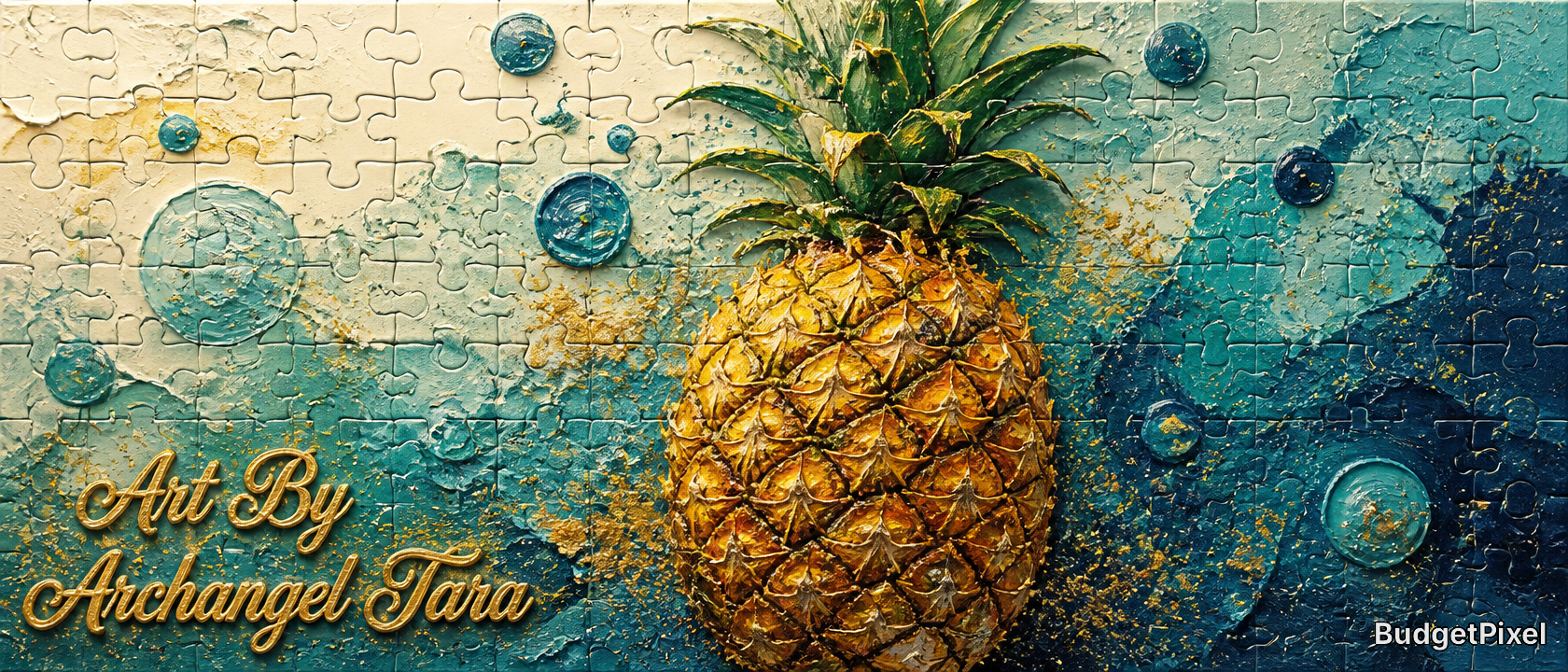 Puzzle-piece mural featuring a large pineapple against a teal-blue textured background with "Art By Archangel Tara" letter...