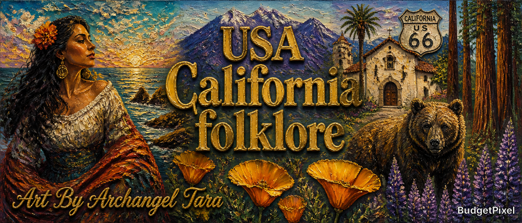 Mural artwork titled "USA California Folklore" featuring a woman with a flower in her hair, coastal mountains, bears, and ...