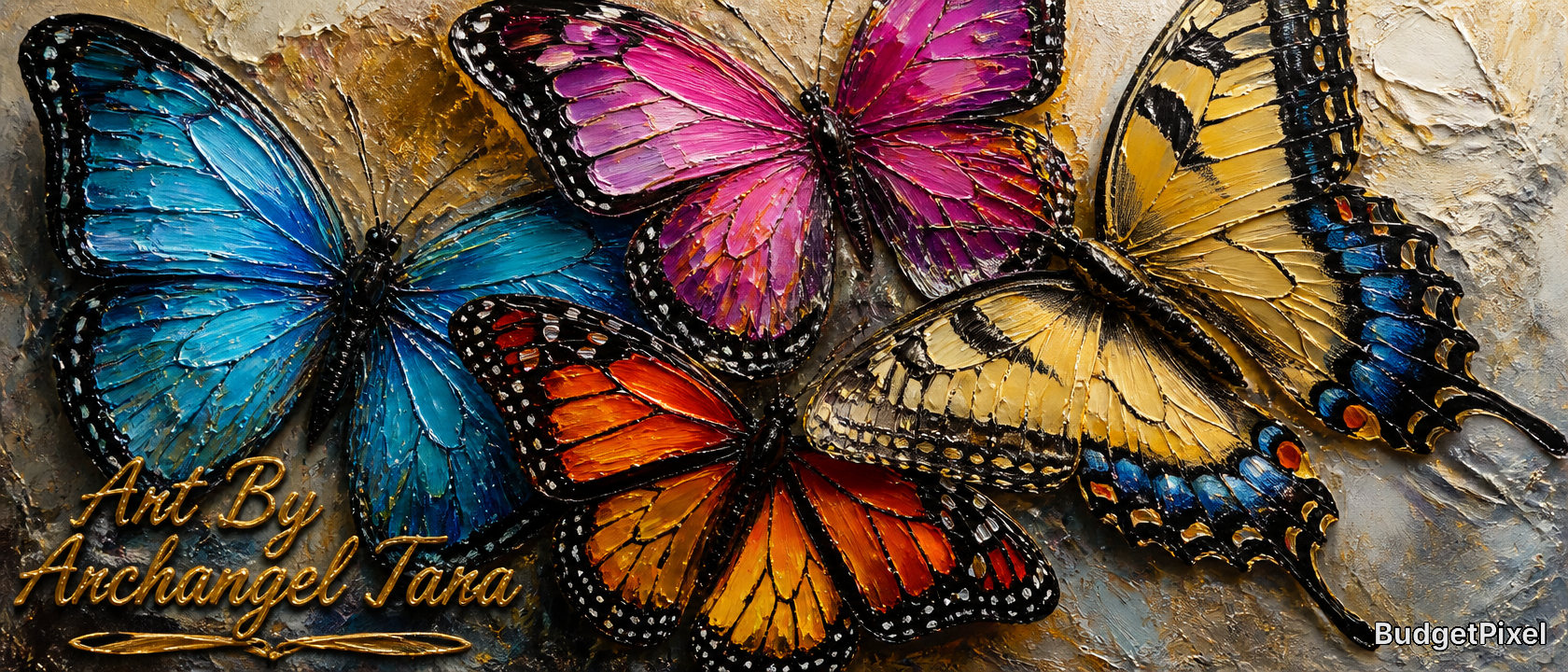 Colorful 3D butterfly artwork with blue, pink, orange and yellow wings on a textured background.