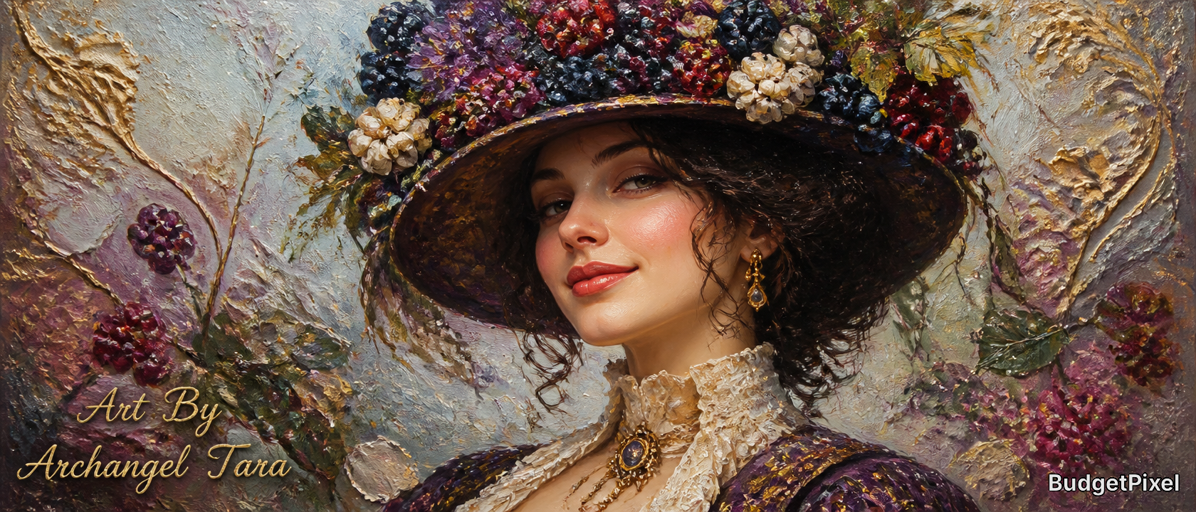 Portrait of a woman in a large, flower-adorned hat with a textured, colorful background.