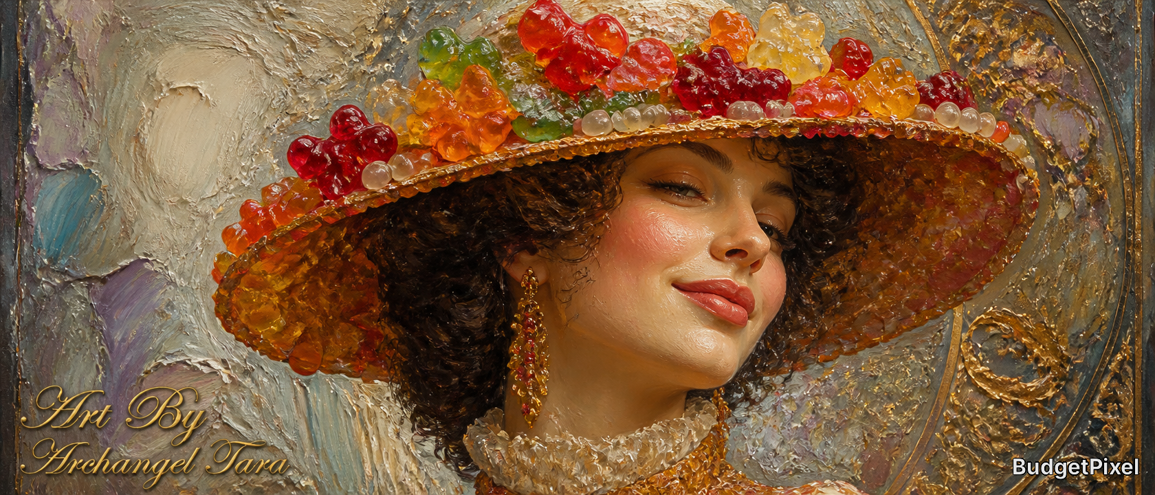 Portrait of a woman in a candy-adorned hat, painted in rich, textured strokes.