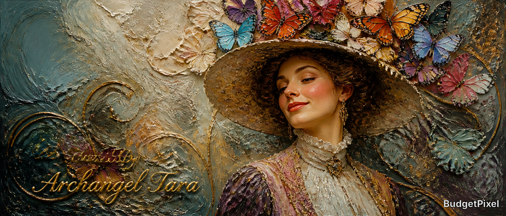 Portrait of a woman in a wide-brim hat surrounded by colorful butterflies.