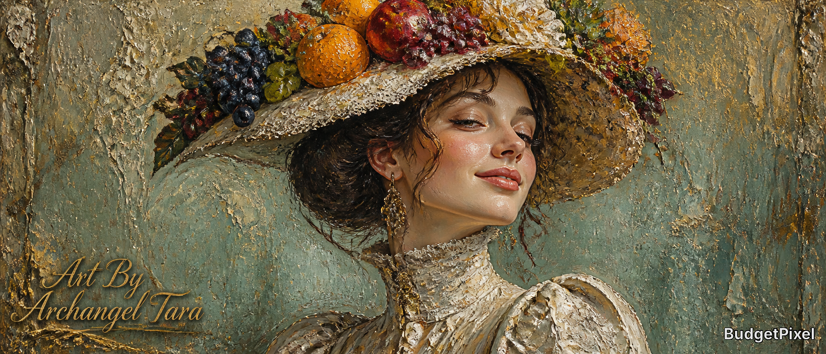 Portrait of a woman in an ornate fruit-and-flower hat with a lace dress and elegant smile.