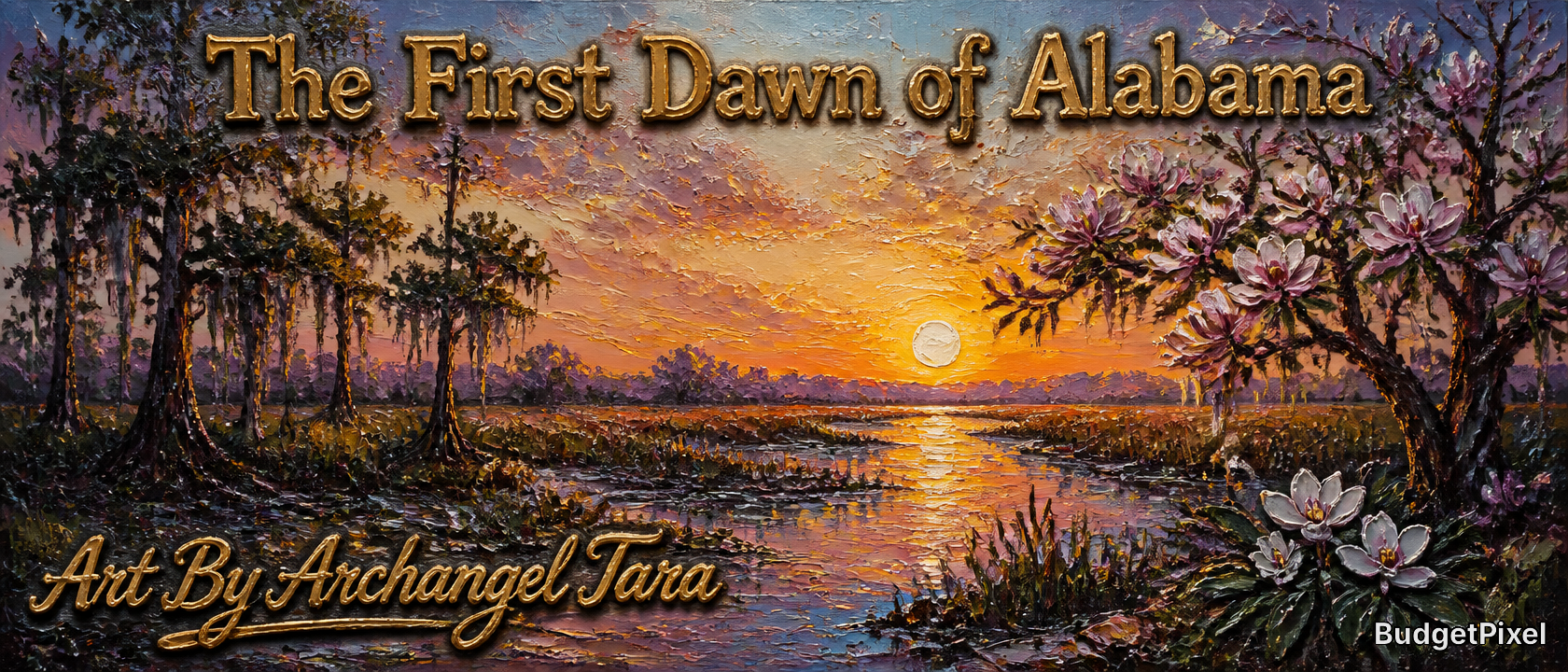 Sunset over a Alabama marsh with foreground magnolias and silhouetted trees, warm golden sky.