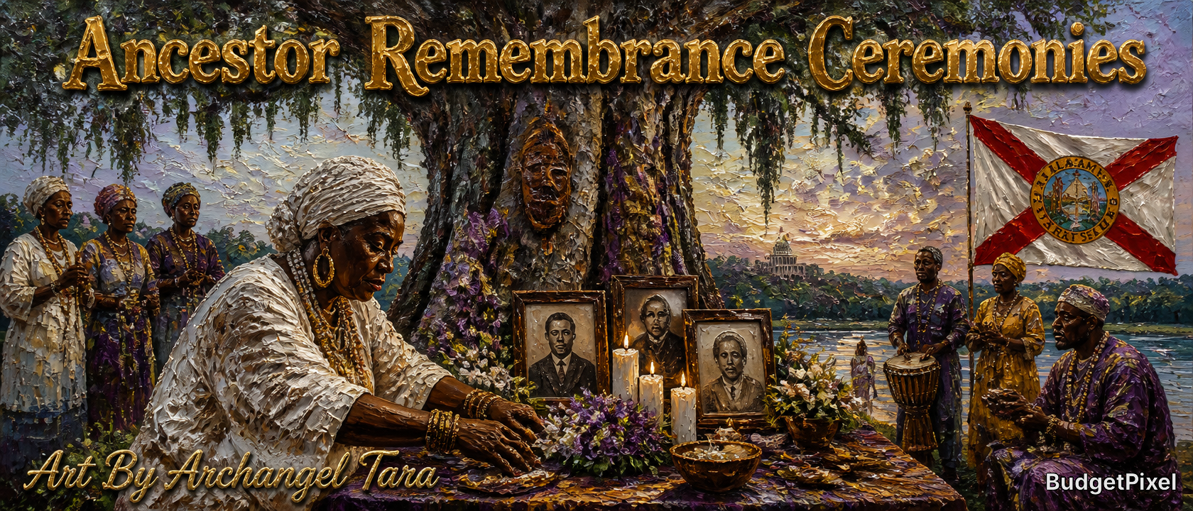 Elderly person in white robes at an ancestor remembrance ceremony with portraits and candles.