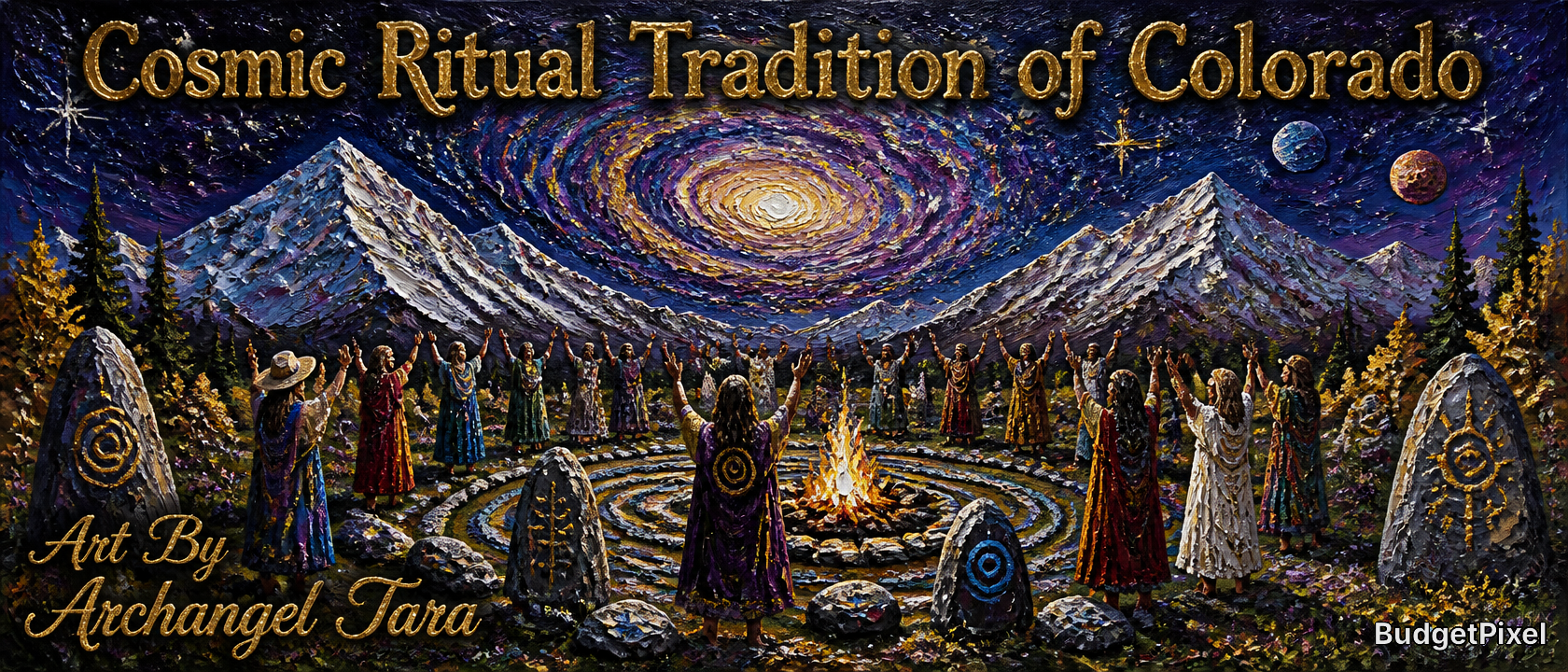Cosmic ritual circle around a campfire in a Colorado mountain landscape under a swirling starry sky.