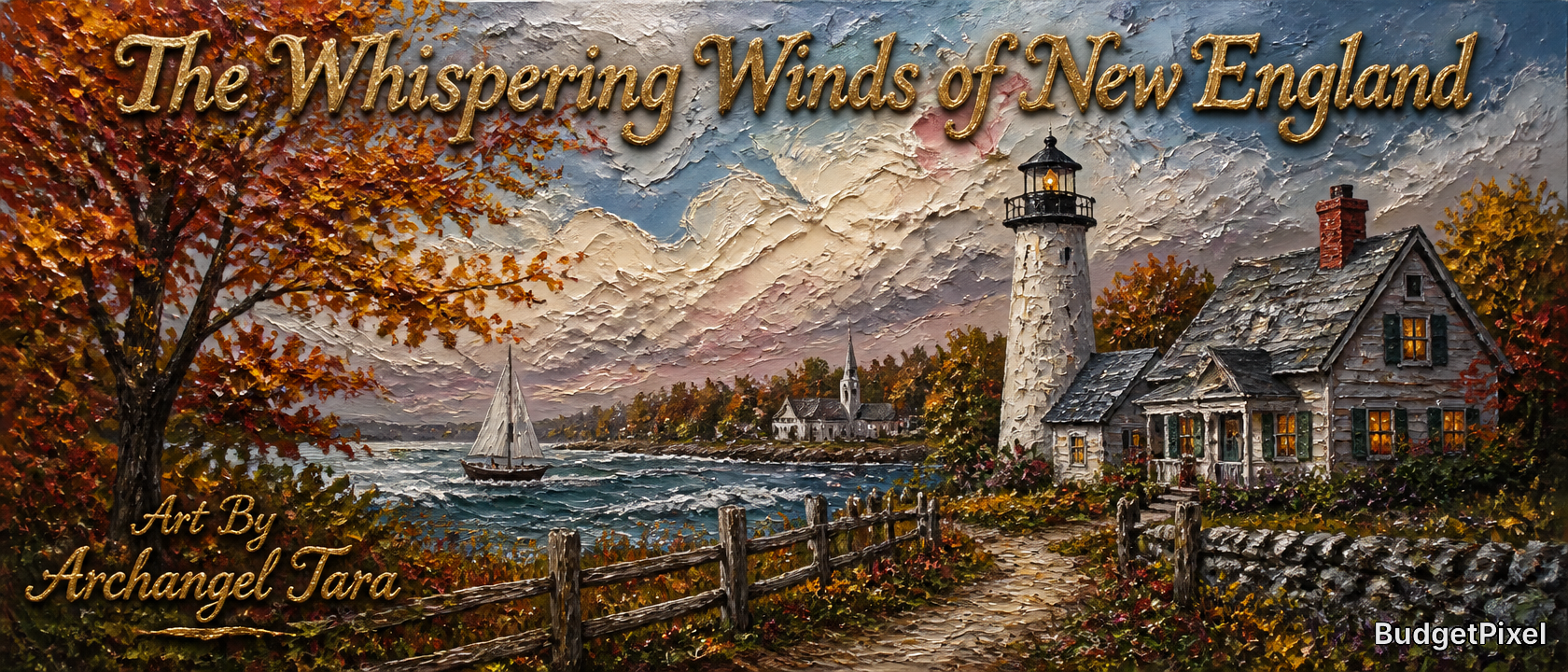 Autumn coastal New England scene with lighthouse, cottage, and sailboat along a textured shoreline.