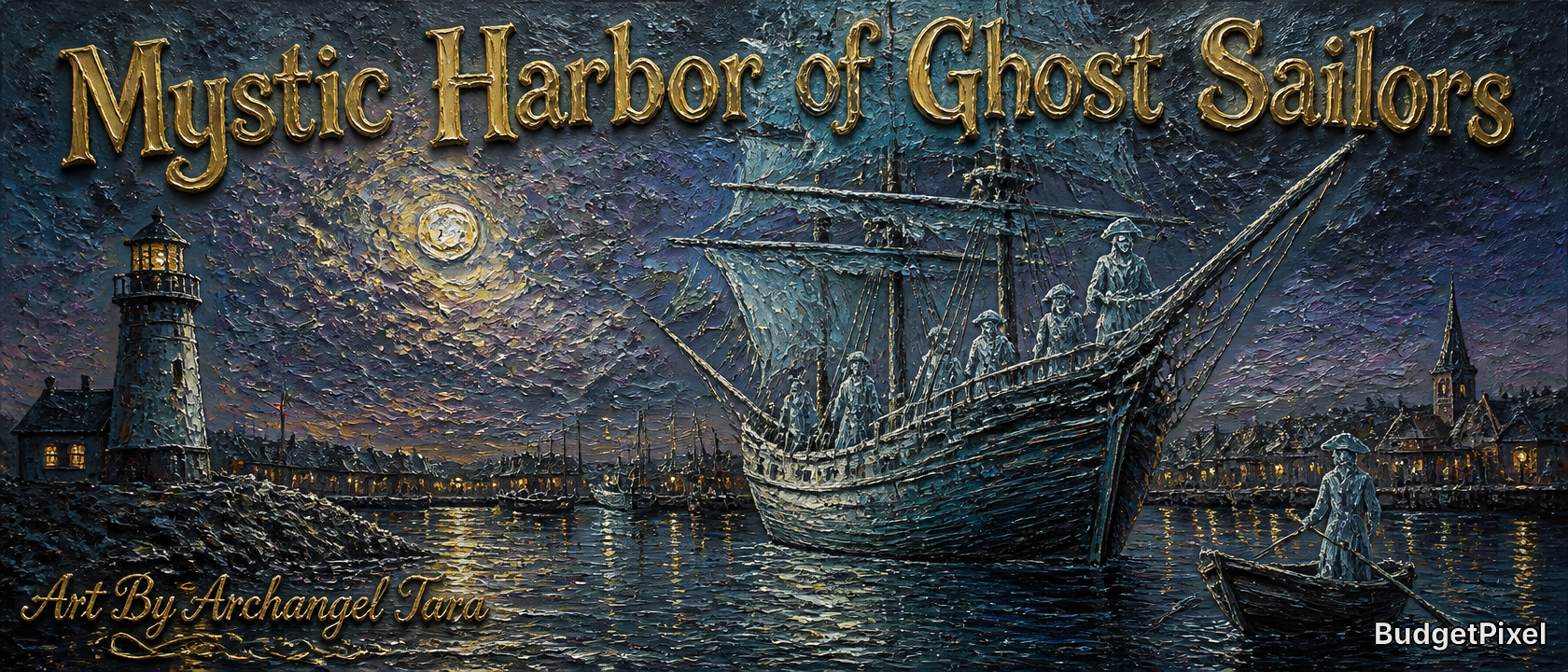 Mystic Harbor of Ghost Sailors artwork featuring a haunted ship, lighthouse, moonlit harbor.