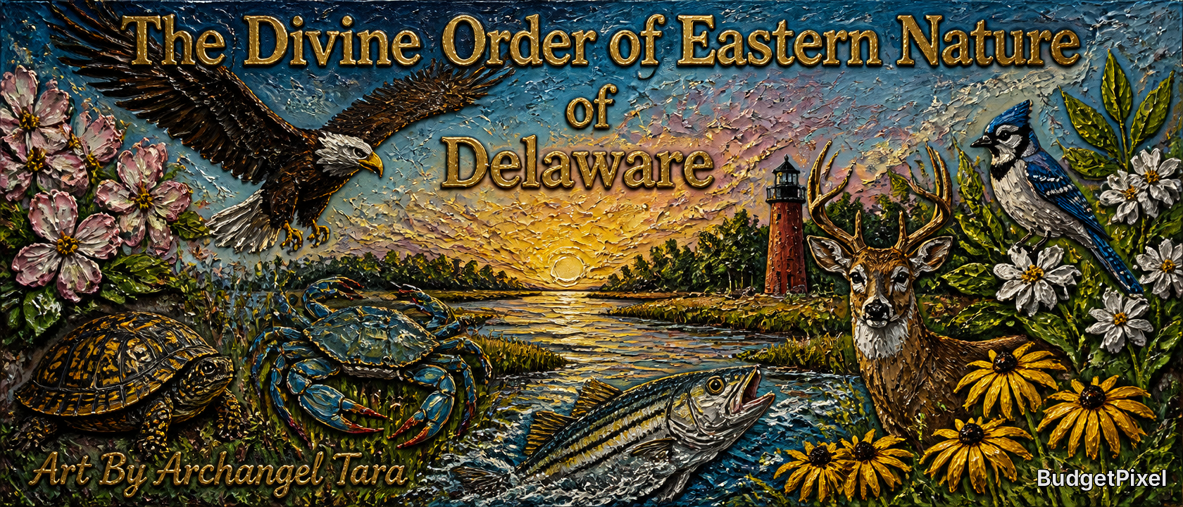 Embossed mural of Delaware’s nature with eagle, deer, crab, fish, turtle, flowers, lighthouse at sunset.