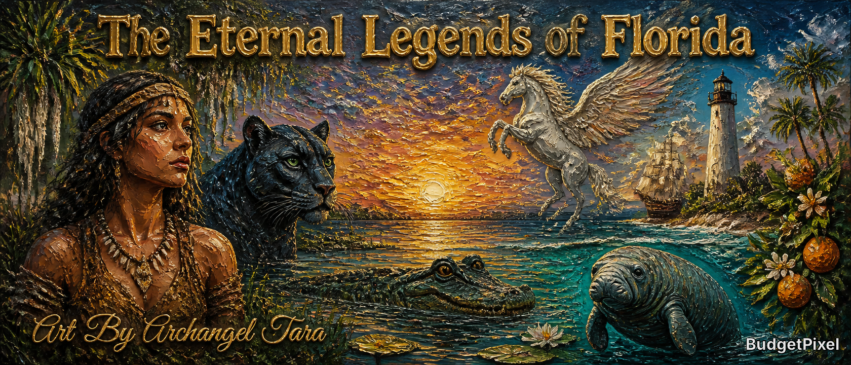 Fantasy mural "The Eternal Legends of Florida" showing a Native woman, panther, crocodile, flying Pegasus, sunset sea, and...