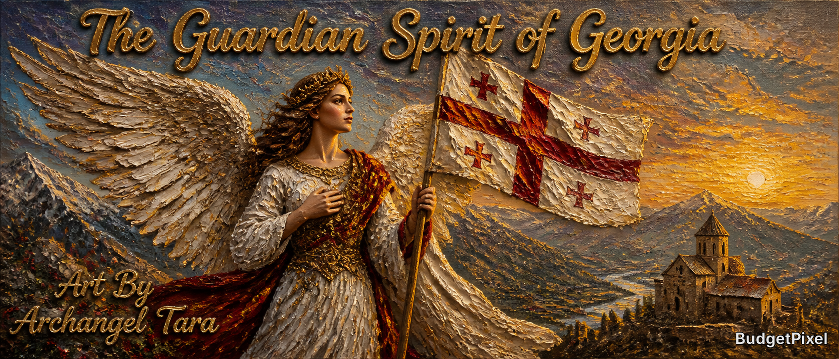 Winged guardian angel holds the Georgia state flag against a sunset mountain landscape.