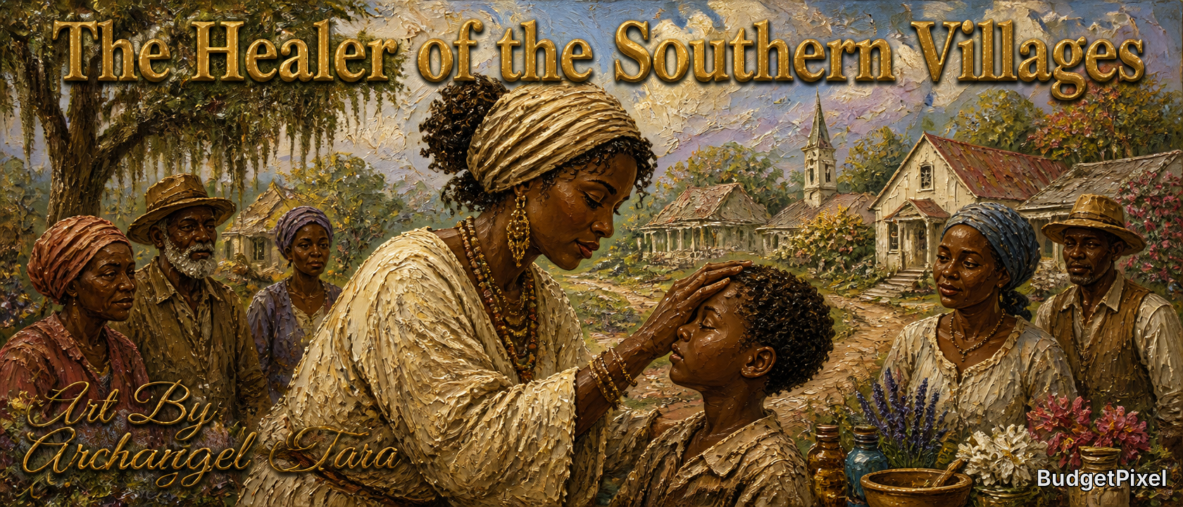 Healer woman tending a child's forehead in a warm, village scene with villagers and houses in the background.
