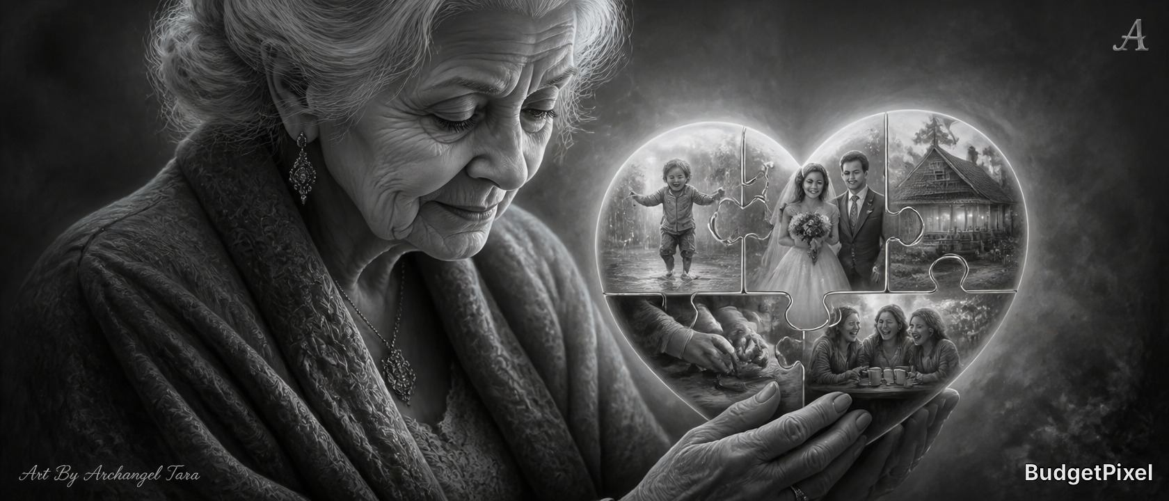 Black-and-white image of an elderly woman gazing at a heart-shaped jigsaw puzzle showing family memories.