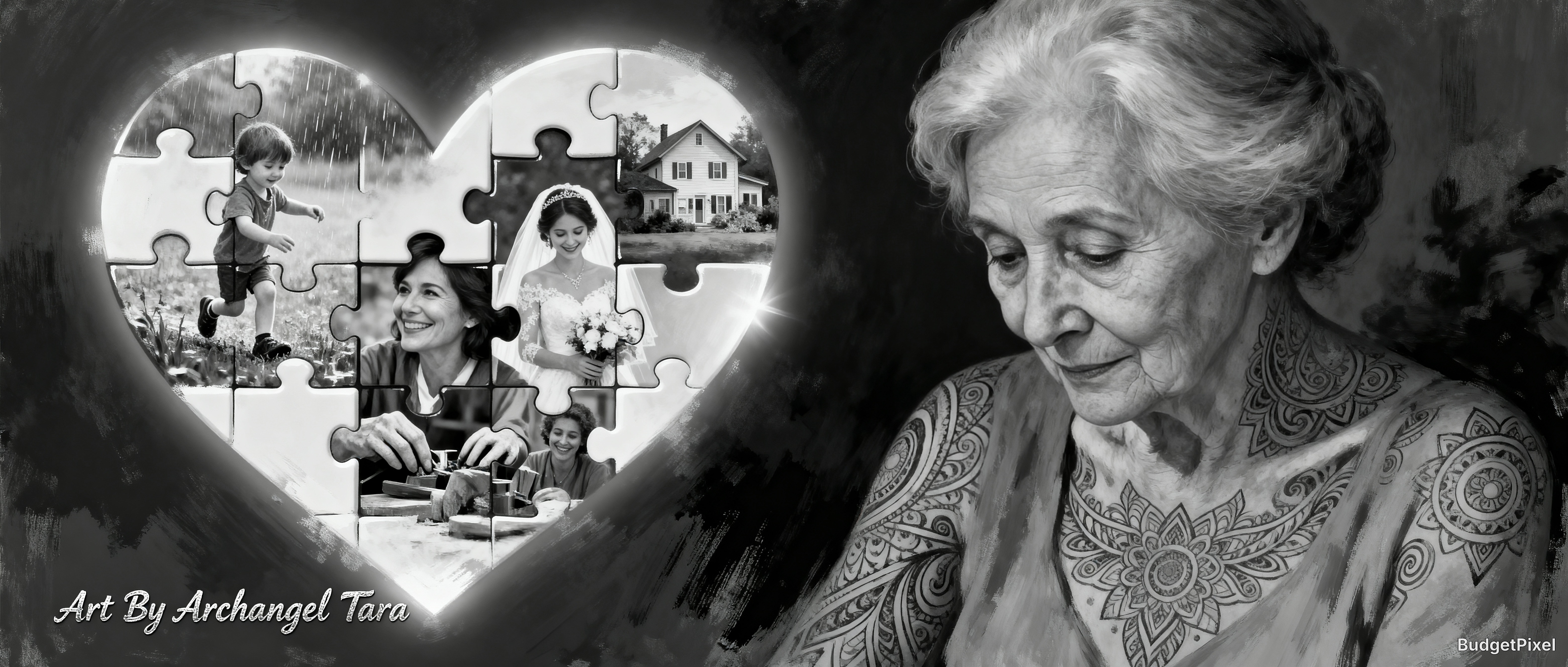 Black-and-white collage showing a heart-shaped puzzle with family photos beside an elderly tattooed woman.