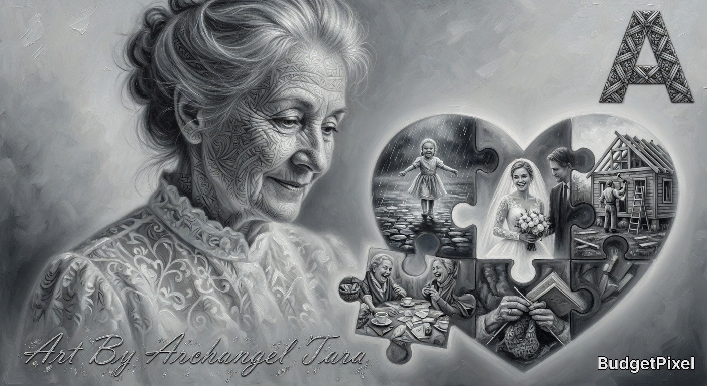 Grayscale portrait of an elderly woman with ornamental tattoo-like patterns on her face beside a heart-shaped puzzle colla...