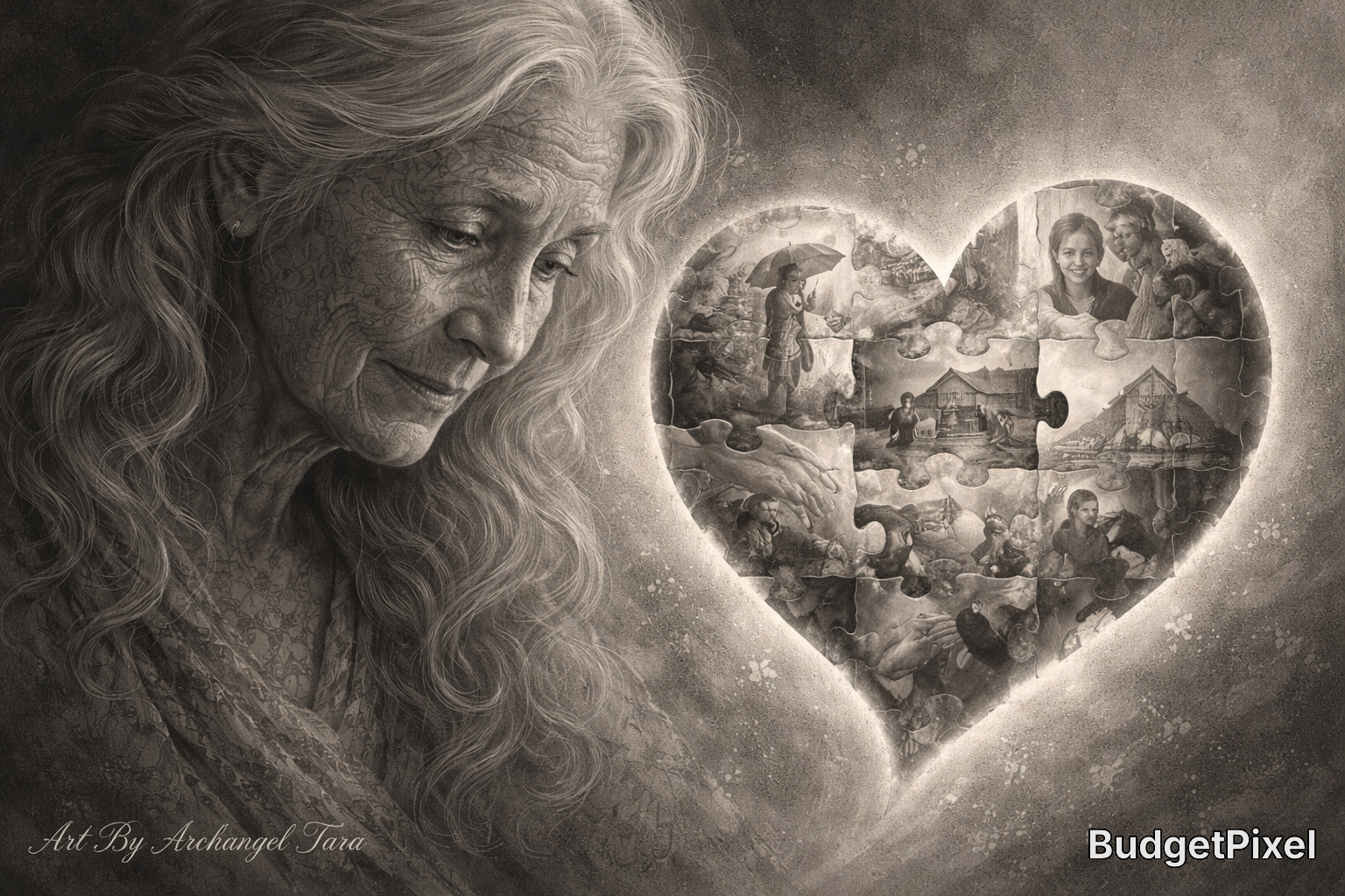 Monochrome portrait of an elderly woman gazing at a heart-shaped collage of memories.
