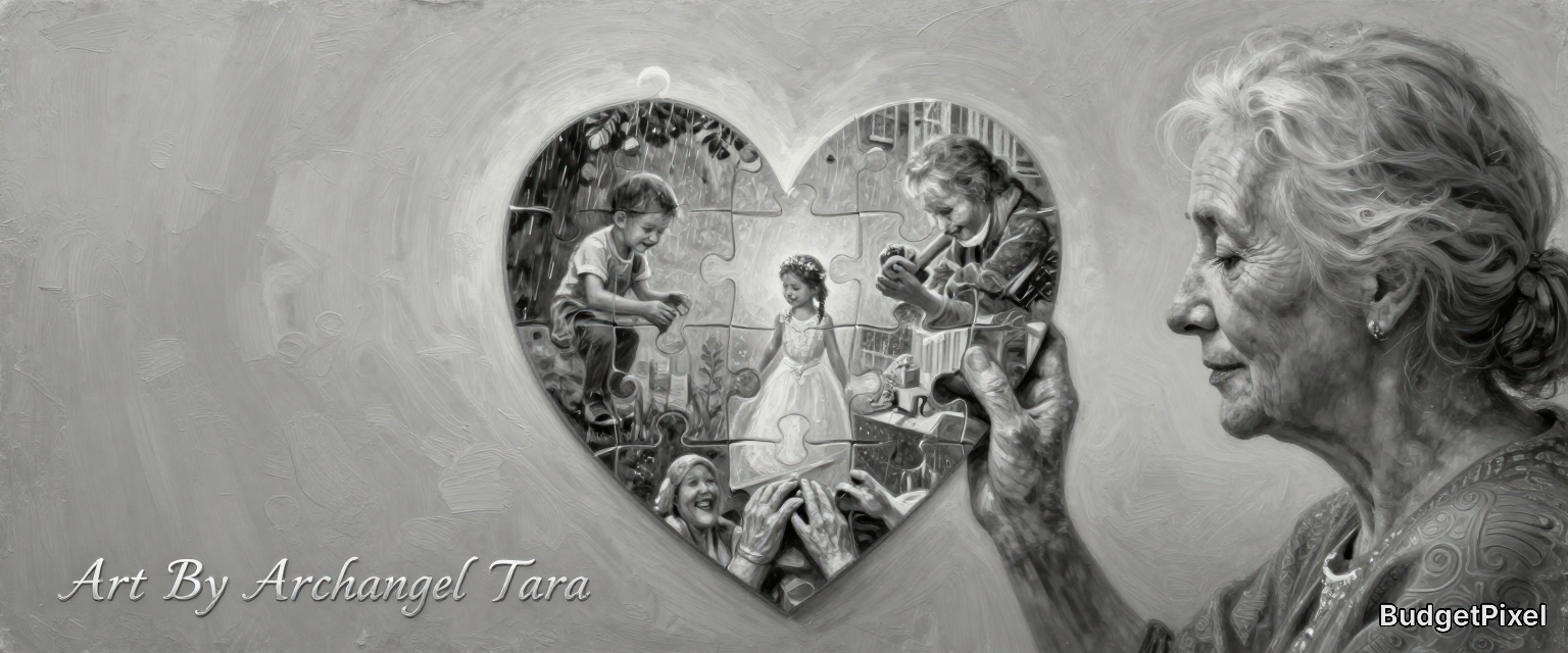 Elderly woman gazing at a heart-shaped puzzle collage featuring children in grayscale.