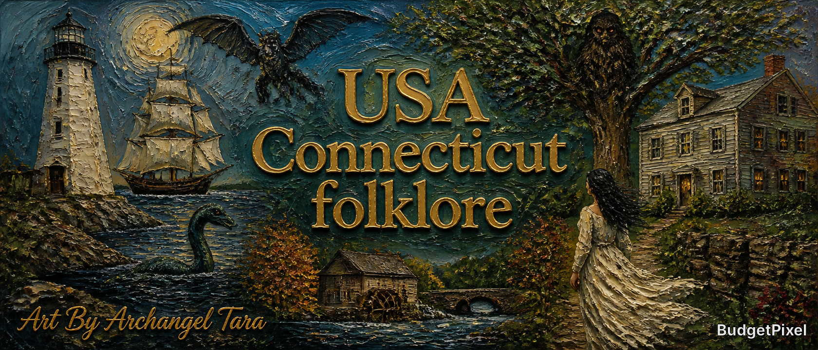 Textured mural-style artwork titled USA Connecticut folklore with lighthouse, ship, woman in white dress, and trees.