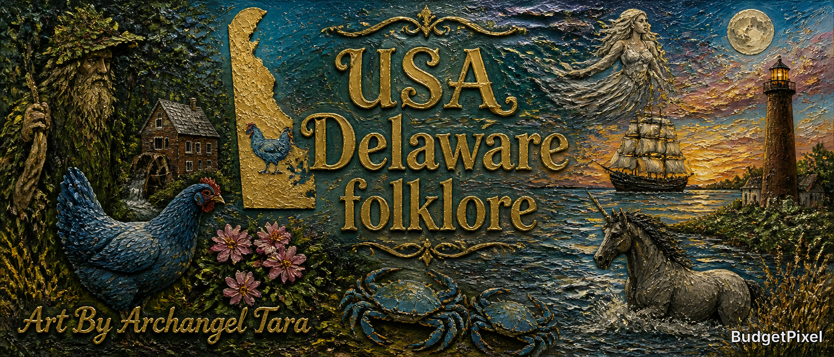 Colorful mural-style sign reading "USA Delaware folklore" with mermaid, ship, lighthouse, and sea critters at sunset