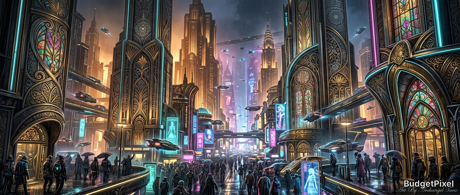 Futuristic neon-lit city with ornate archways and flying cars above a crowded street.