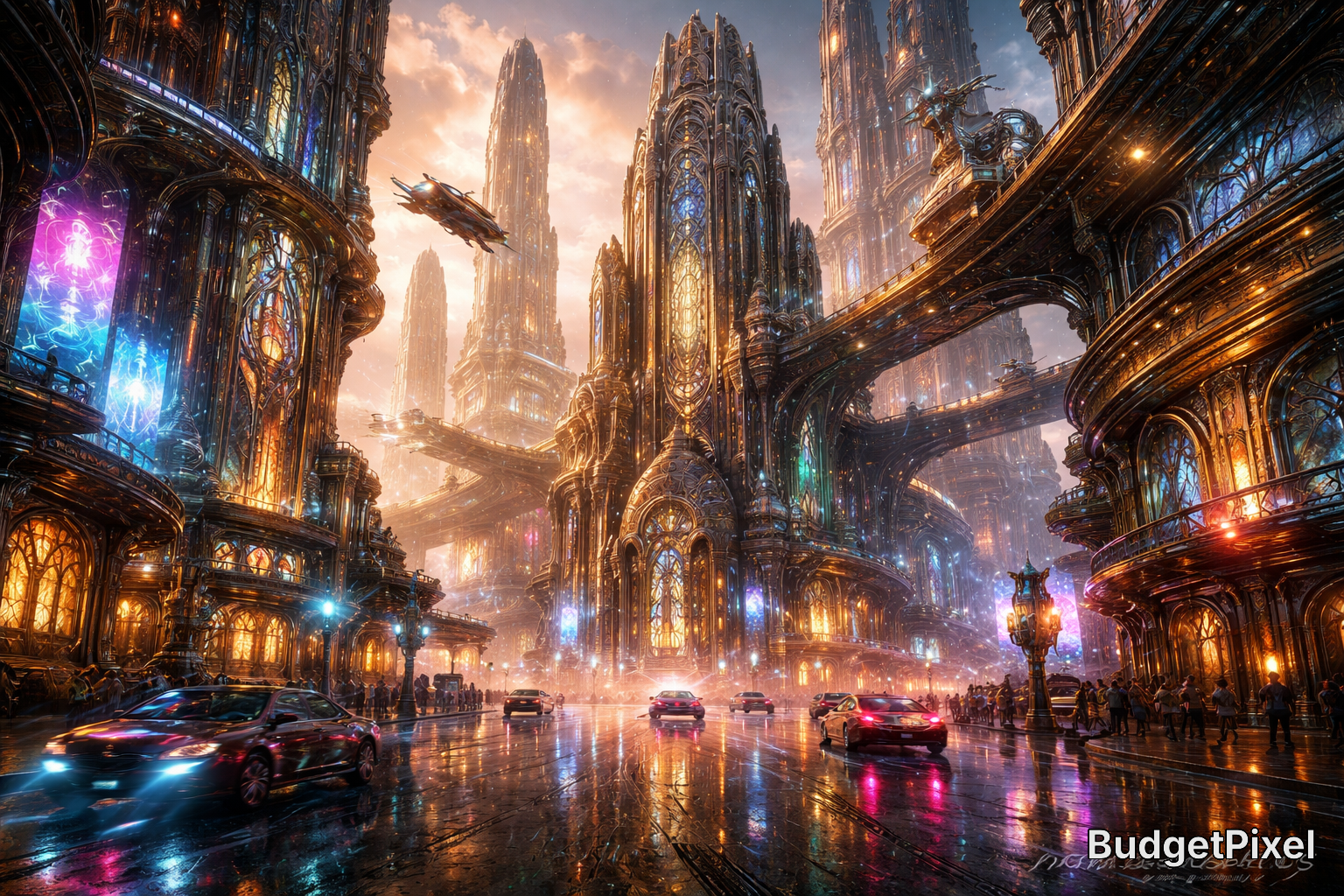 Futuristic neon-lit cityscape with towering gothic-style skyscrapers, flying cars, and a rainy, reflective street.