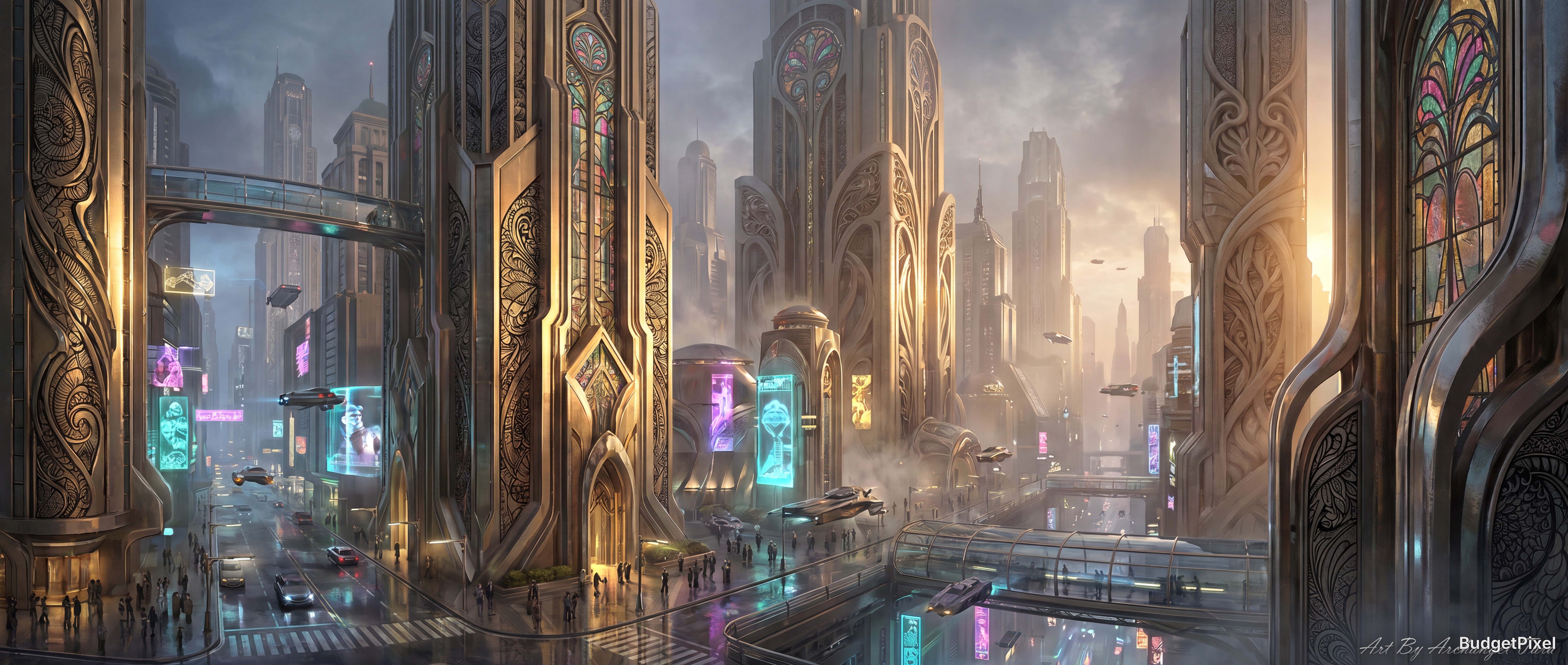 Futuristic cityscape with tall ornate gold skyscrapers, flying cars, and glowing holographic signs.