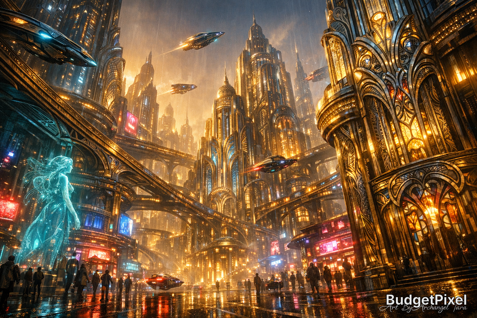 Glowing futuristic cityscape with ornate gold skyscrapers, flying cars, and neon-lit streets.