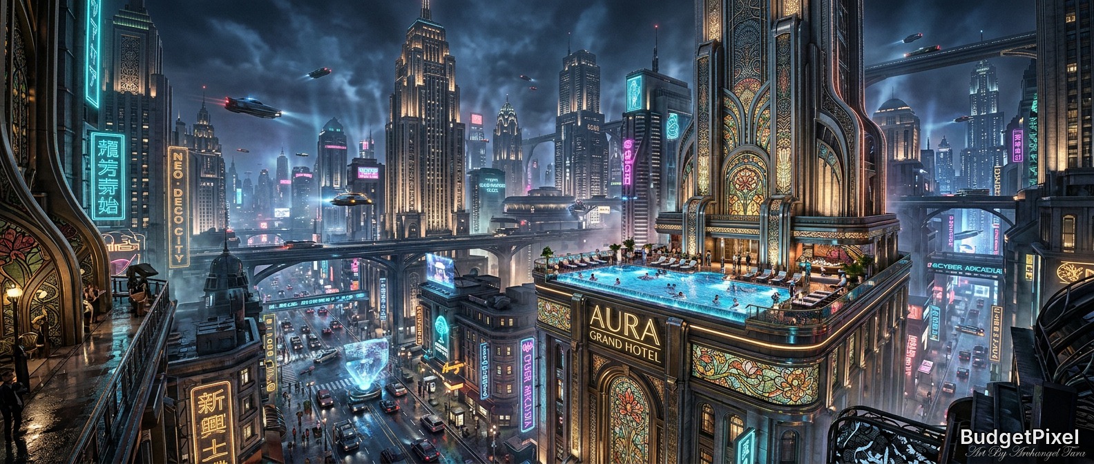 Rooftop pool at Aura Grand Hotel in a neon-lit futuristic cityscape with flying cars.