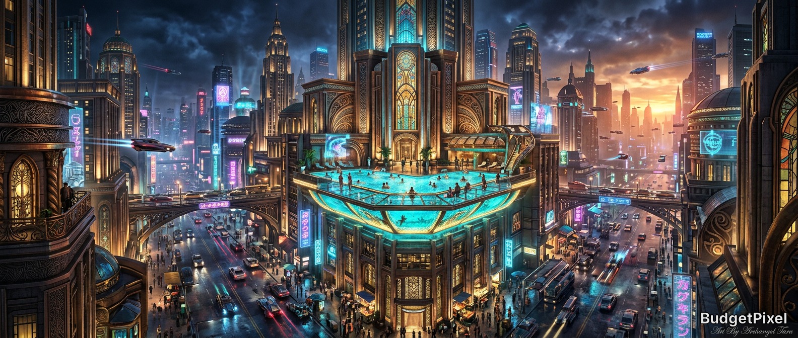 Futuristic neon-lit cityscape with a glass rooftop pool and flying vehicles.
