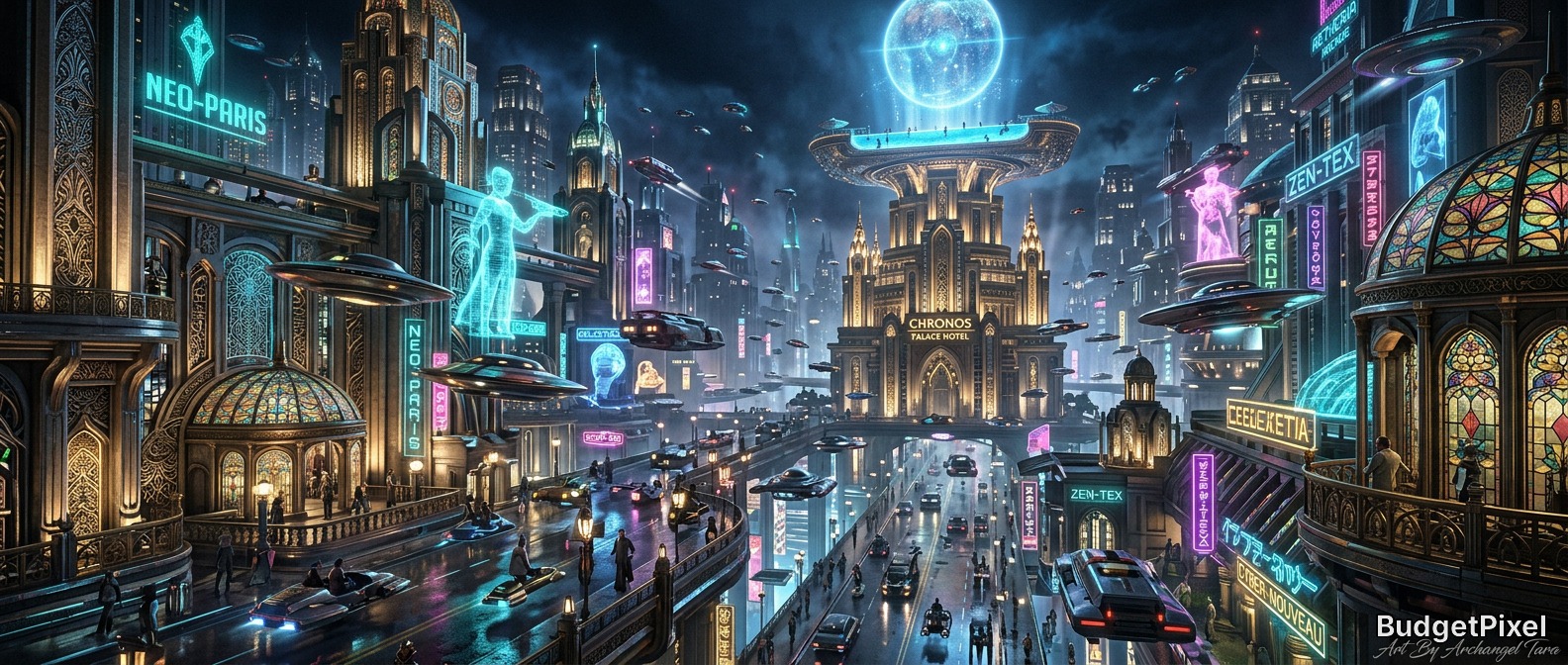 Futuristic neon-lit cityscape at night with flying cars, holographic ads, and ornate skyscrapers in a cyberpunk metropolis.
