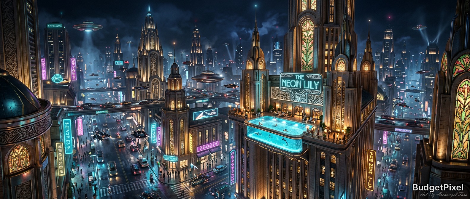 A futuristic neon-lit cityscape with tall ornate skyscrapers, flying cars, and holographic signs at night.