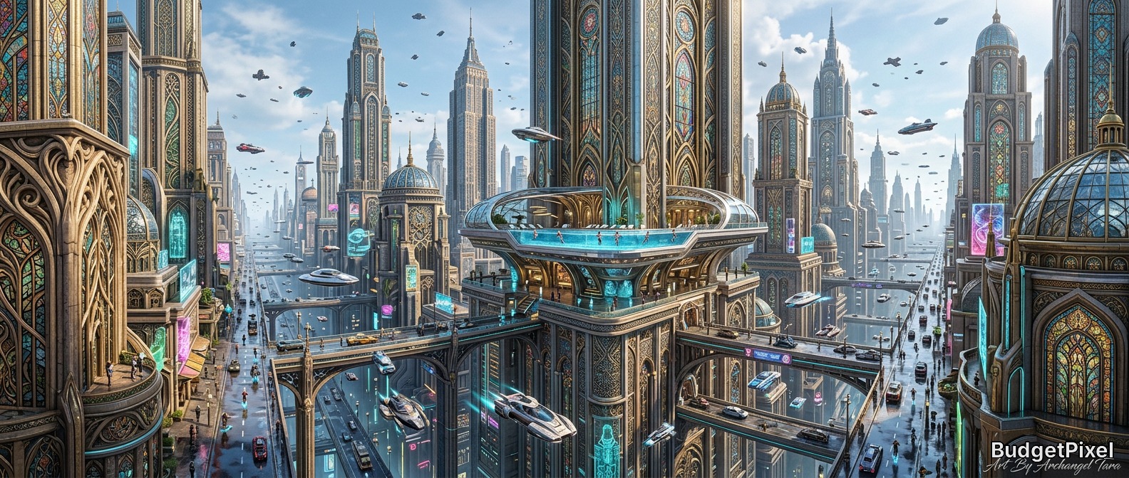 A futuristic ornate cityscape with soaring skyscrapers, elevated transit hubs and flying vehicles.