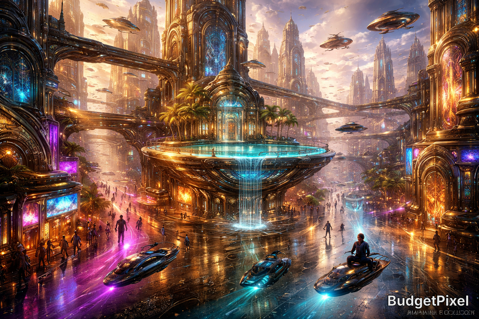 Futuristic cityscape with neon-lit towers, levitating platforms, and a central water fountain amid flying vehicles.