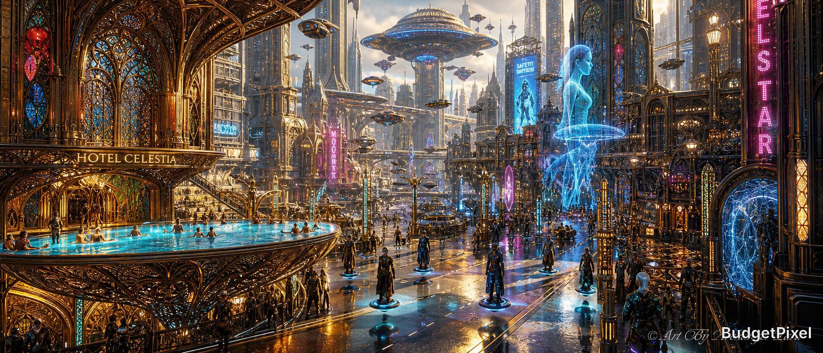 Futuristic city plaza with neon lights, holographic statues, and flying crafts around a grand hotel Celestia.
