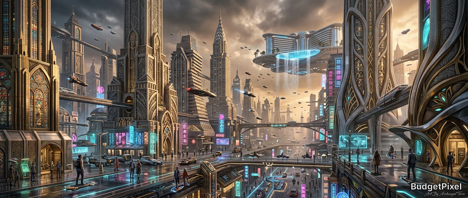 Futuristic sci-fi cityscape with towering ornate skyscrapers, flying cars, and neon-lit skybridges.