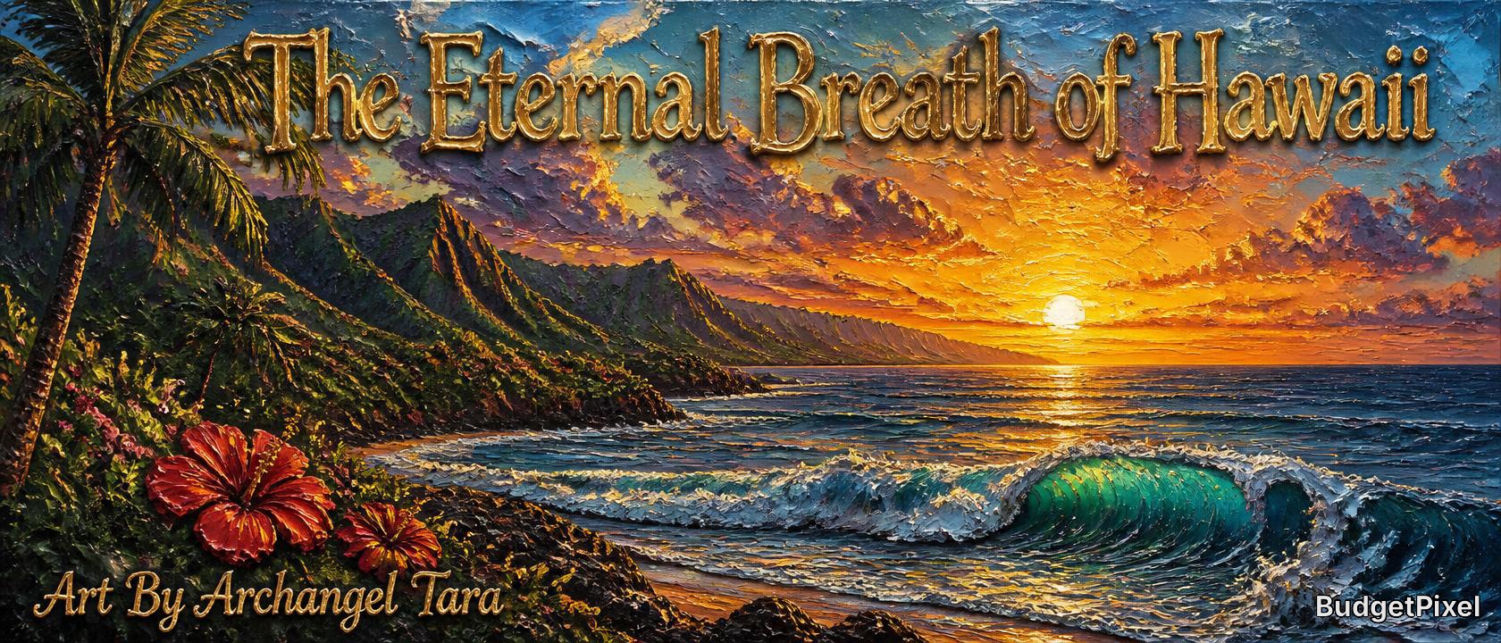 Tropical Hawaii coastal sunset painting with palm trees, waves, and distant volcanic mountains.