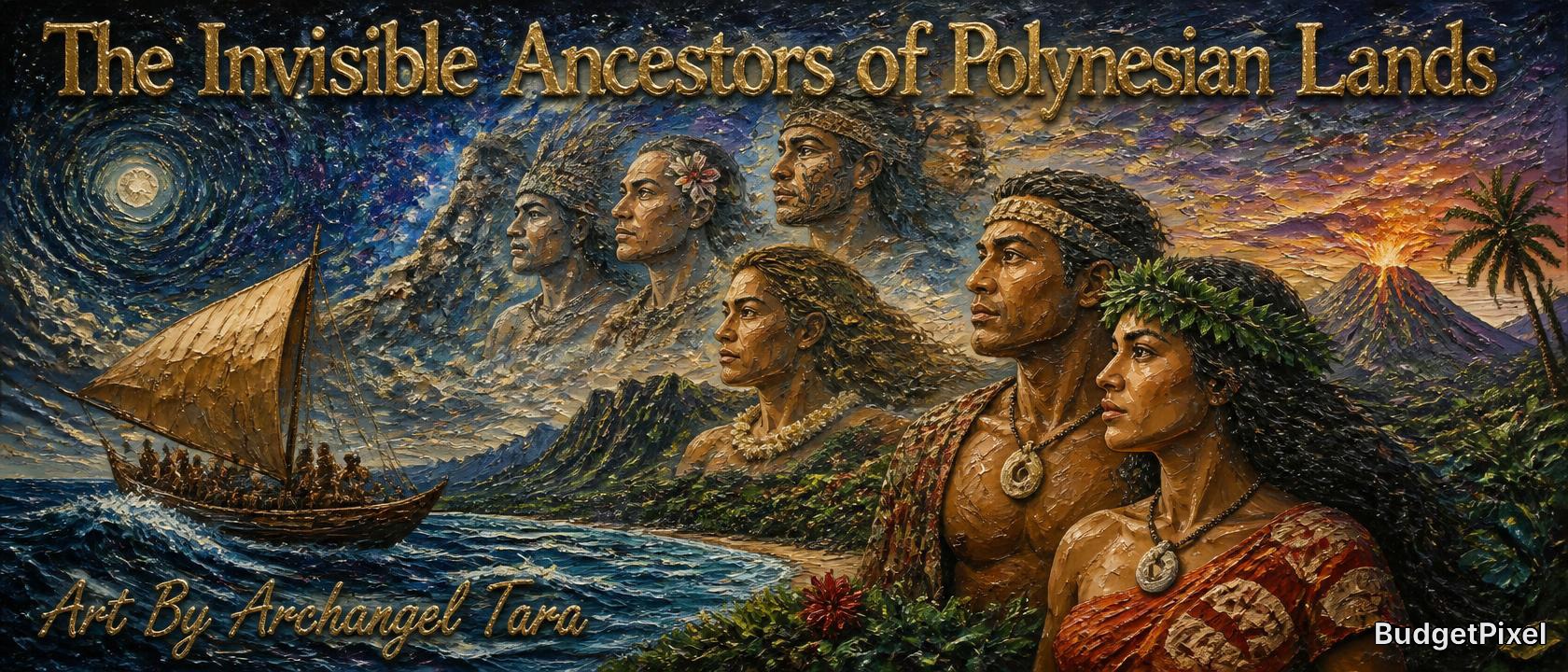 Painting titled "The Invisible Ancestors of Polynesian Lands" with portraits, a boat, volcanic landscape, and tropical sce...