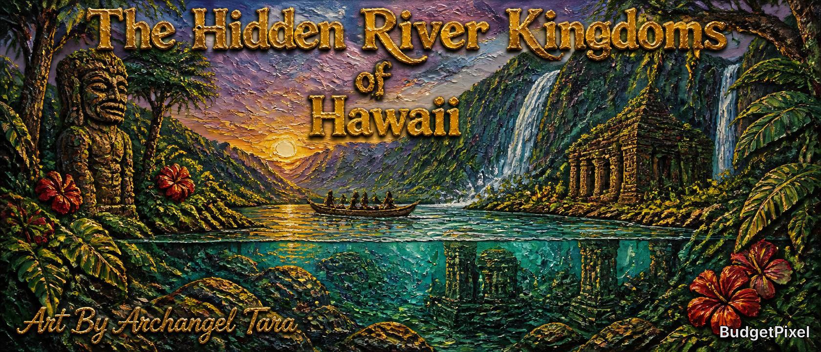 Tropical relief art titled The Hidden River Kingdoms of Hawaii featuring waterfalls, temples, and a boat.