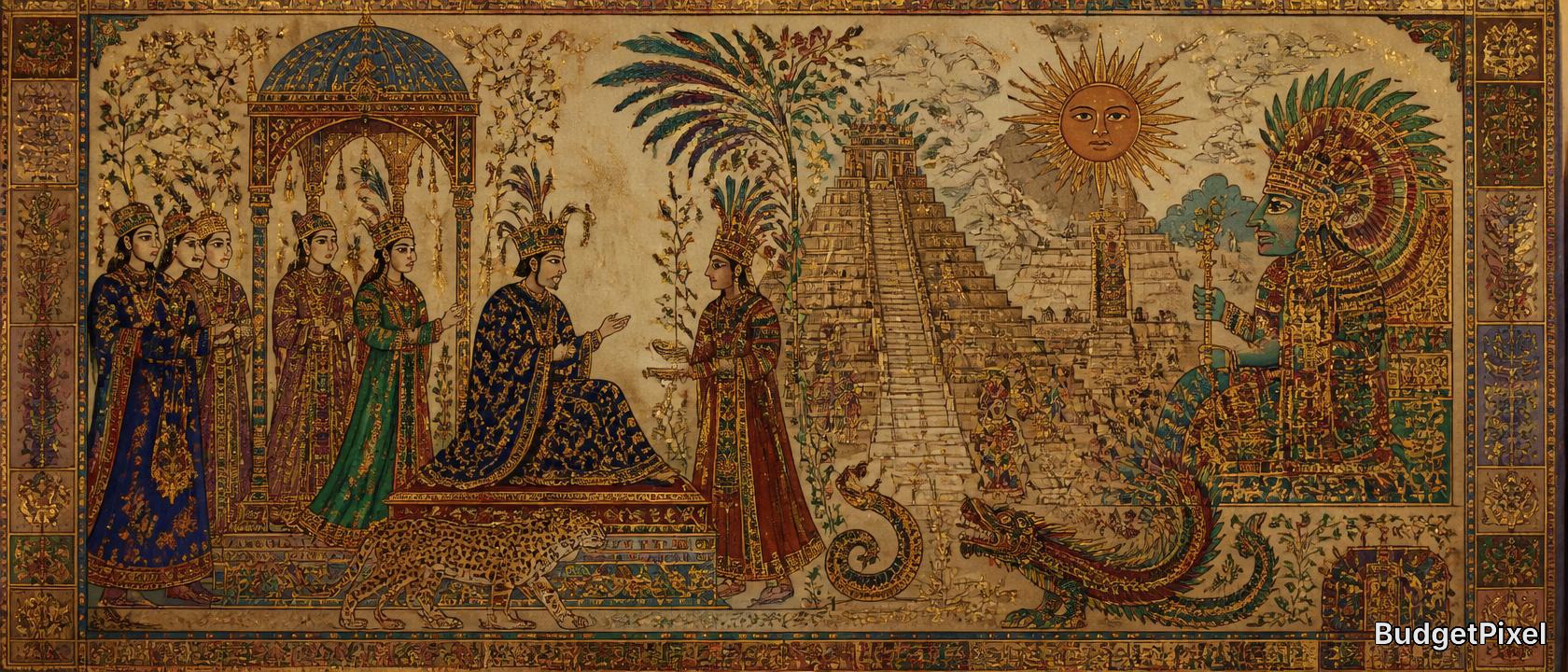 Mosaic-style scene of a king on a throne receiving courtiers beside a serpent and stepped pyramid under a sun diety.