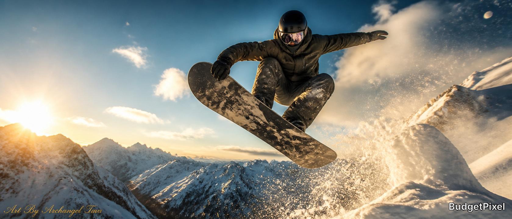 Snowboarder jumps off a snowy mountain ridge under a blue sky with the sun.