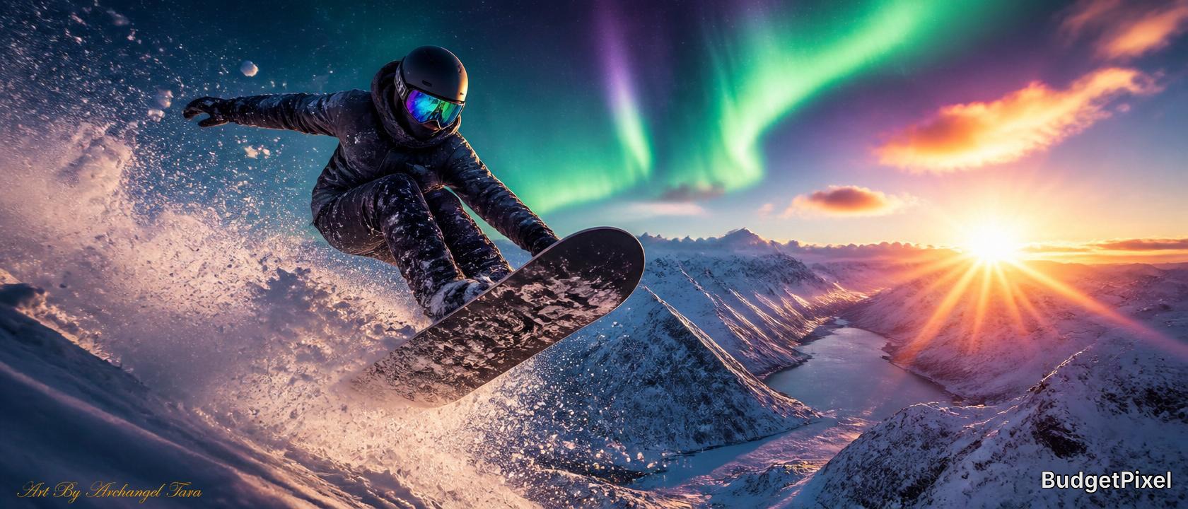 Snowboarder carving a snowy mountain slope under the aurora borealis at sunset.