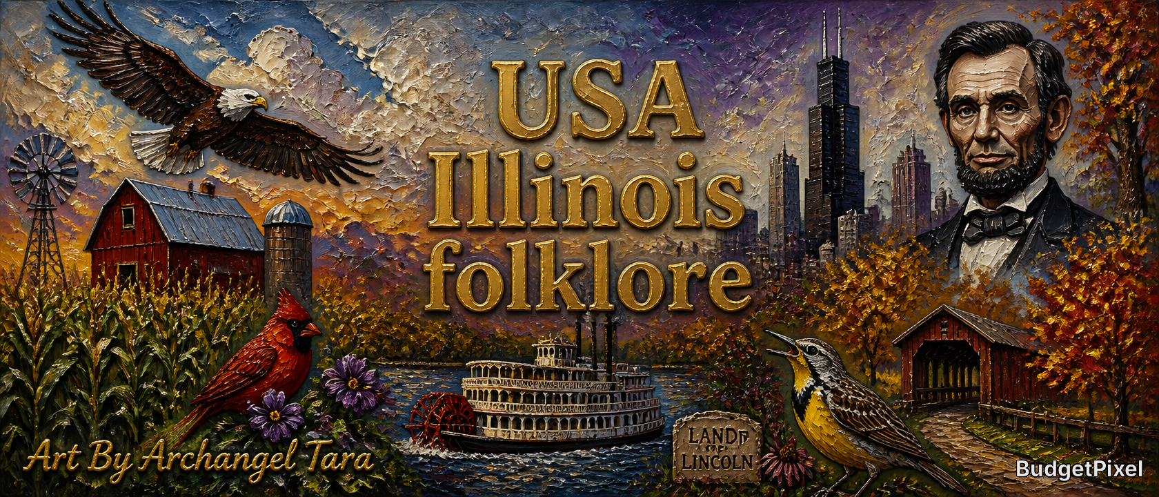 Collage-style mural showing USA Illinois folklore with eagle, barn, silo, steamboat, cardinal, Lincoln portrait, and Chica...